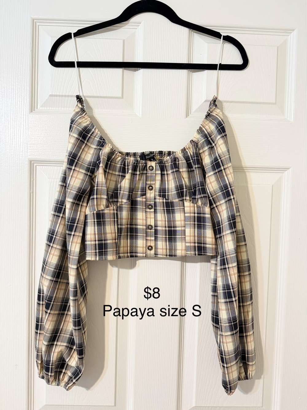 Papaya Navy, Cream and Tan Plaid Cropped Button Top